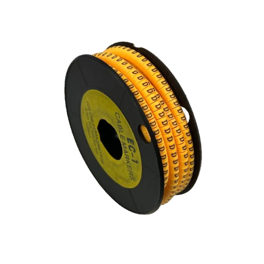 Cable Marker D - Yellow spool of yellow D printed cable markers on black reel for wire labeling