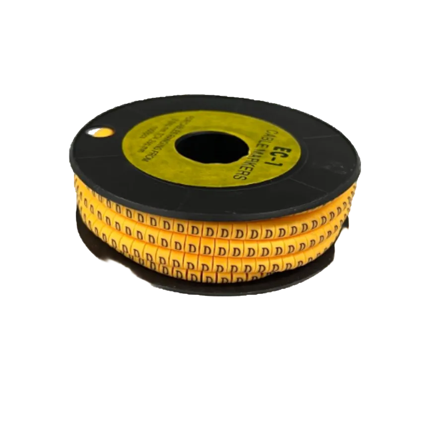 Spool of yellow adhesive cable markers showing repeated D labels for wire identification Cable Marker D - Yellow