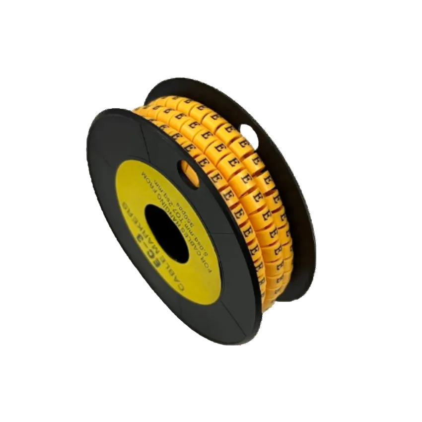 Grippes Cable Marker - E Yellow spool of adhesive wire labels on black reel for cable management