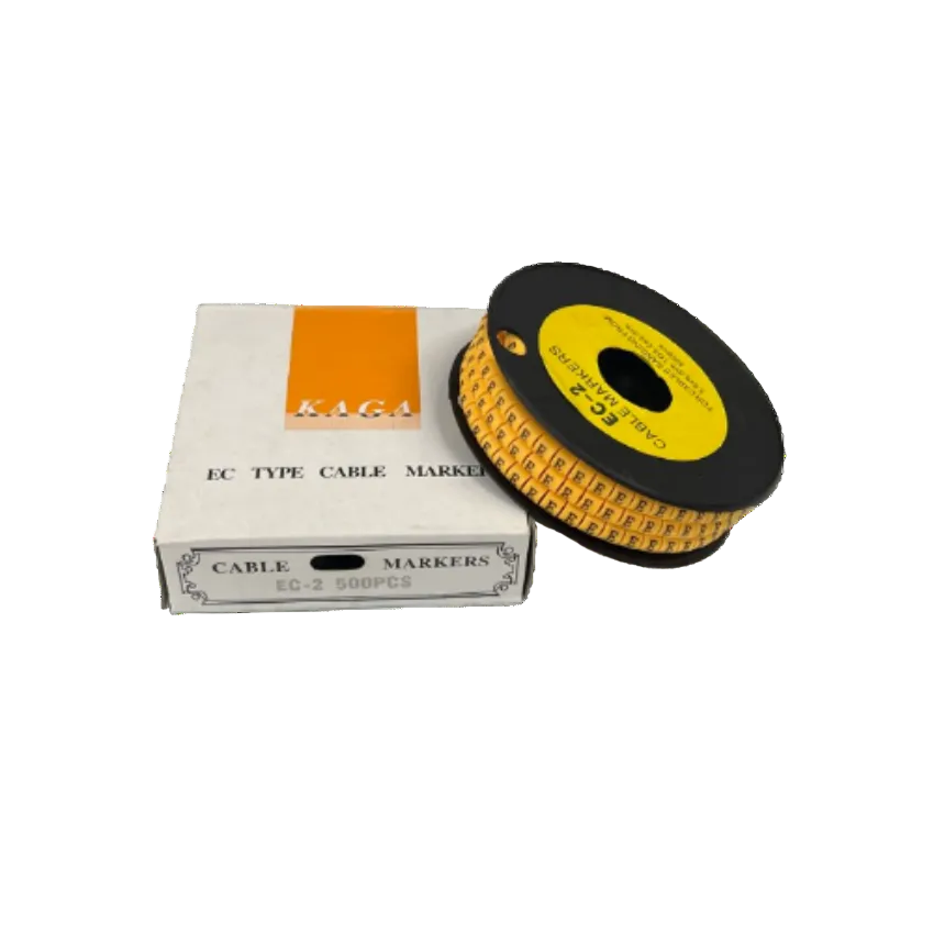 Grippes cable management spool with labeled Cable Marker E - Yellow reels for wire identification