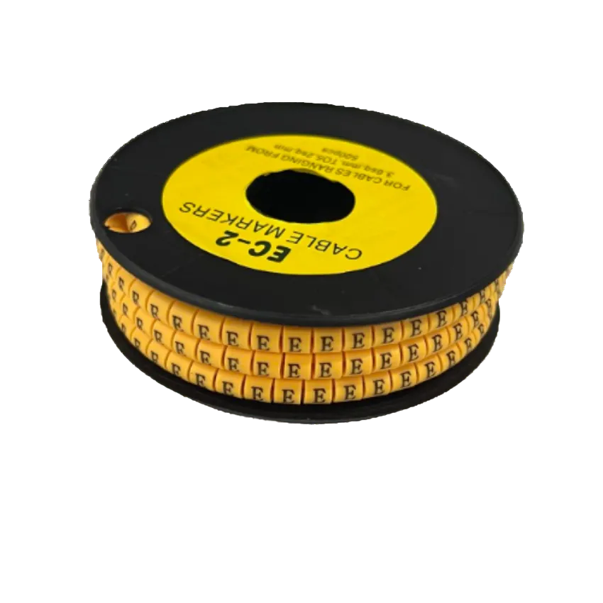 Grippes Cable Marker E - Yellow reel of adhesive cable markers with repeating black E labels for cable organization