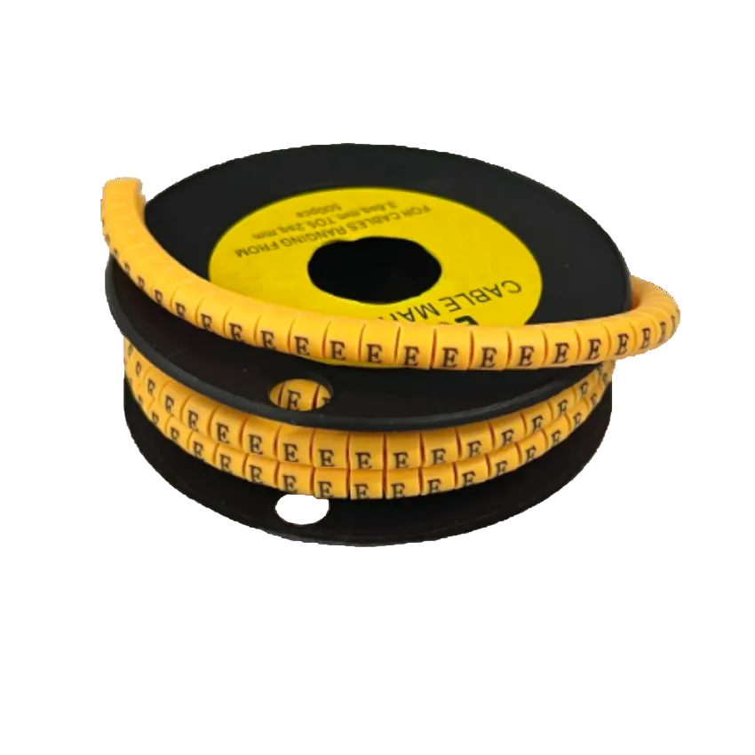 Grippes Cable Marker E - Yellow spool of flexible letter E cable identification sleeves on black reel for cable management