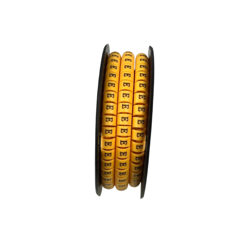 Grippes Cable Marker - E Yellow spool of round yellow letter E cable management markers on reel