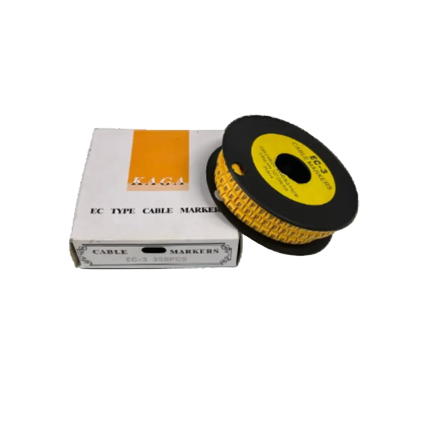 Grippes Cable Marker F- Yellow reel of printed letter cable markers on black spool with white box