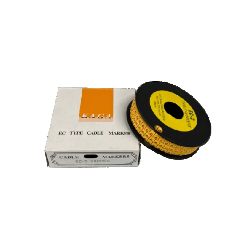 Grippes Cable Marker g - Yellow spool of numbered cable markers beside labeled storage box for cable management