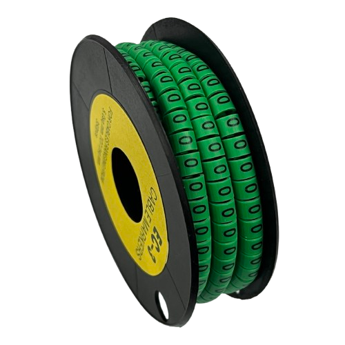 Spool of Cable Marker Green 0 plastic ring markers on black reel for cable management