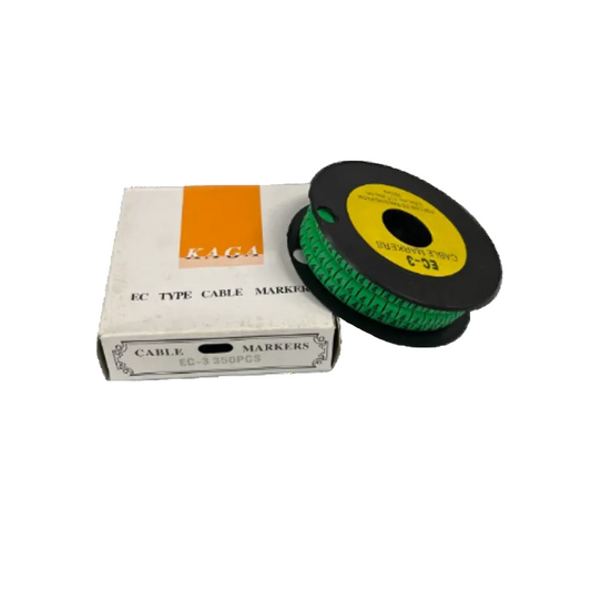 Cable Marker Green 4 spool on black reel with green numeric markers beside white KAGA box for cable management