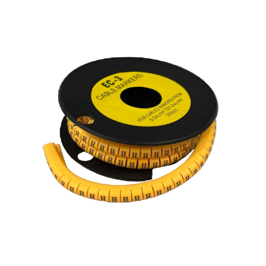 Grippes Cable Marker - H Yellow . roll of yellow H cable markers on black spool for wire labeling