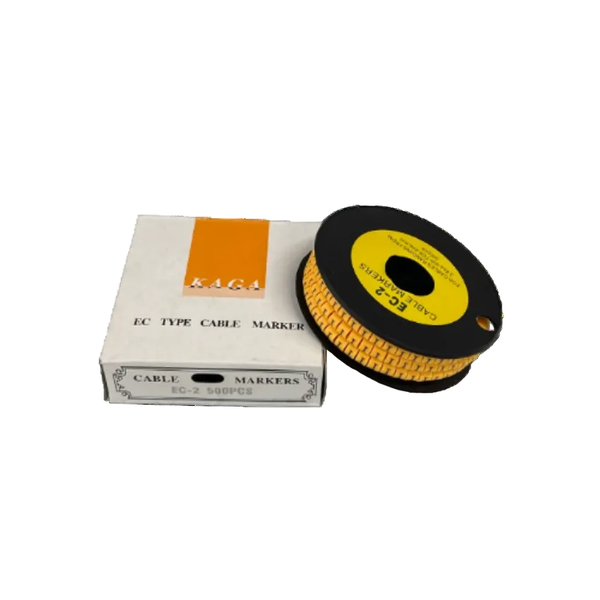 Grippes Cable Marker - I Yellow spool with 500pcs EC type markers beside white box for cable management