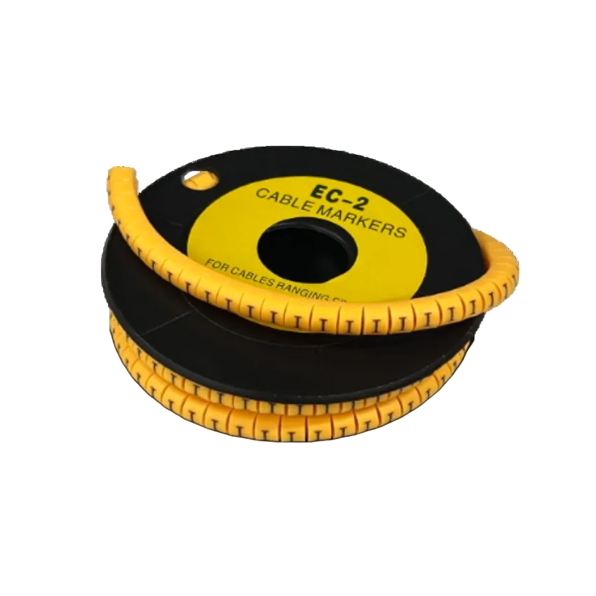 Grippes Cable Marker - I Yellow segmented spiral wrap on black spool for cable management and cable identification