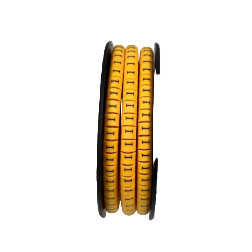 Grippes Cable Marker - I Yellow spool of adhesive cable markers on black reel for organized cable management