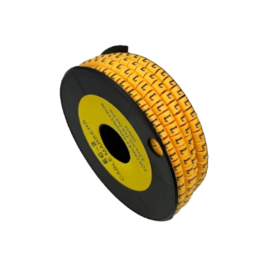 Grippes Cable Marker L - Yellow on black spool showing multiple L labels for cable management and identification