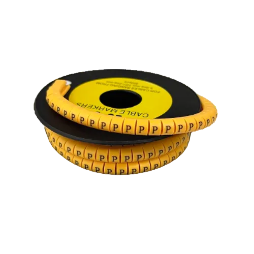 Grippes Cable Marker P - Yellow spool of yellow cable markers with repeated P labels for wire identification and organization