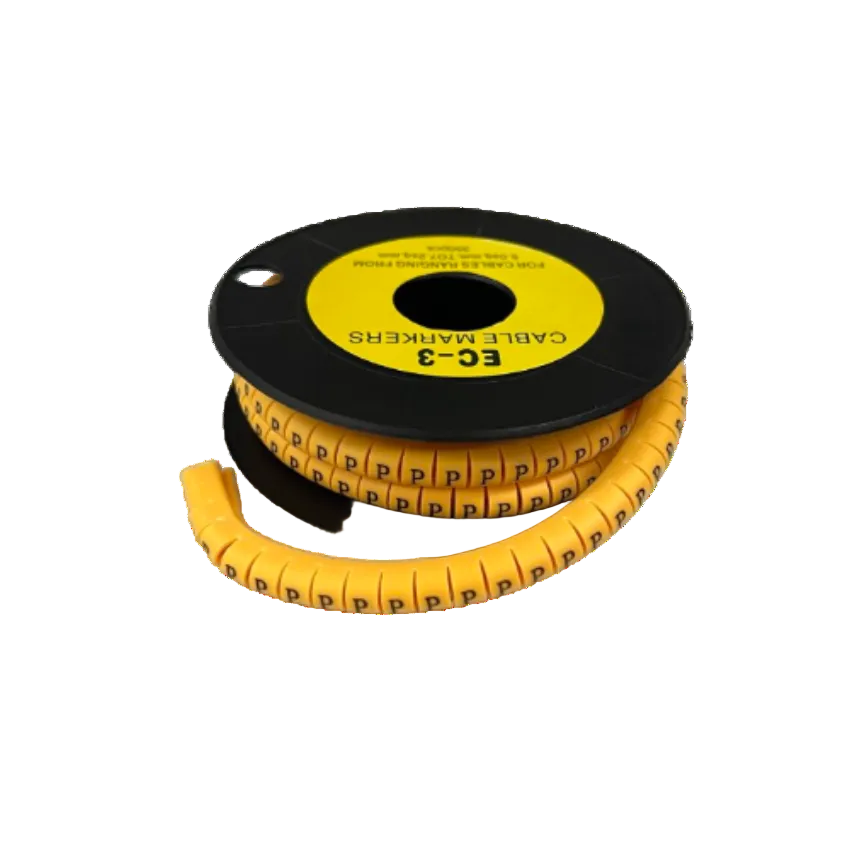 Grippes Cable Marker P - Yellow spool of wraparound cable markers with repeated P letters for cable management