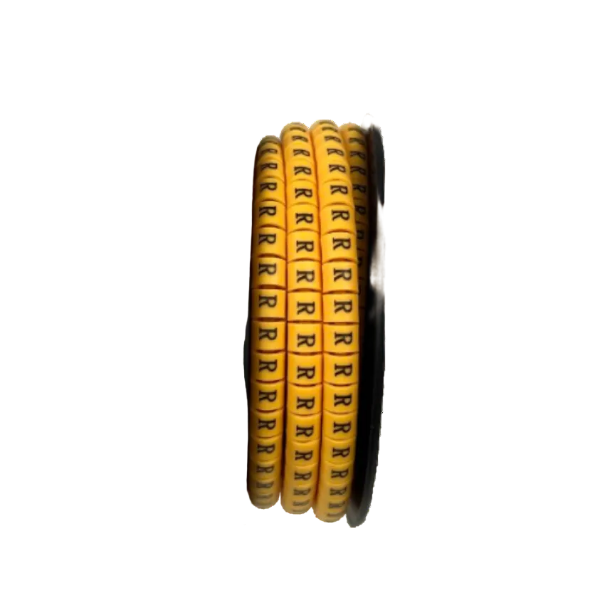 Grippes spool of yellow cable labels showing repeated Cable Marker R - Yellow discs for wire identification