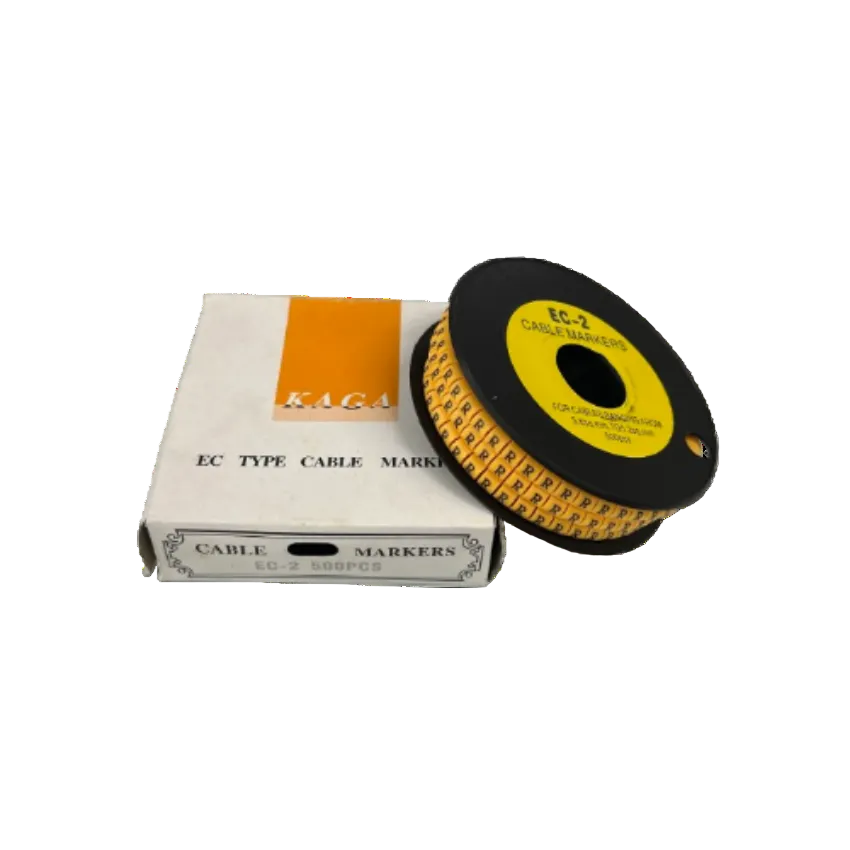 Grippes Cable Marker R - Yellow reel of printed R cable markers on black spool with box