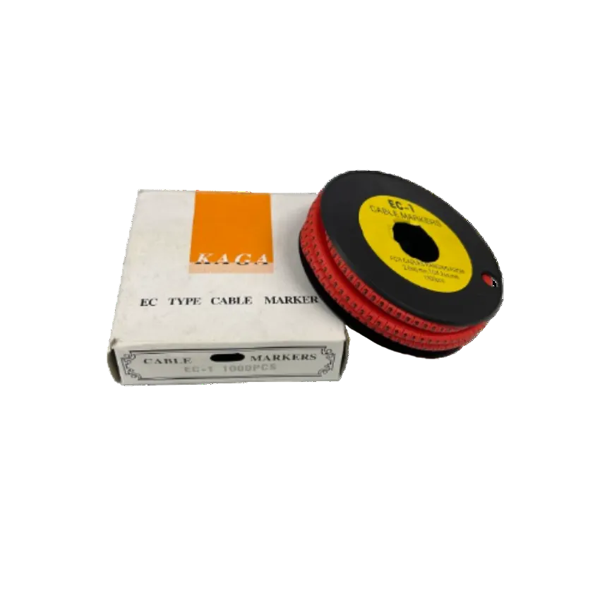 Grippes cable management spool with EC type red markers beside labeled box showing quantity Cable Marker Red 3