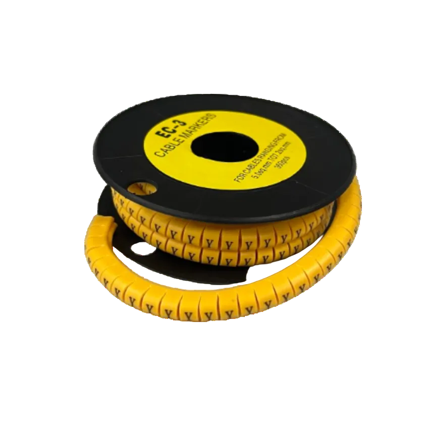 Grippes yellow spiral cable markers on spool showing repeated Y labels for wire identification Cable Marker Y - Yellow
