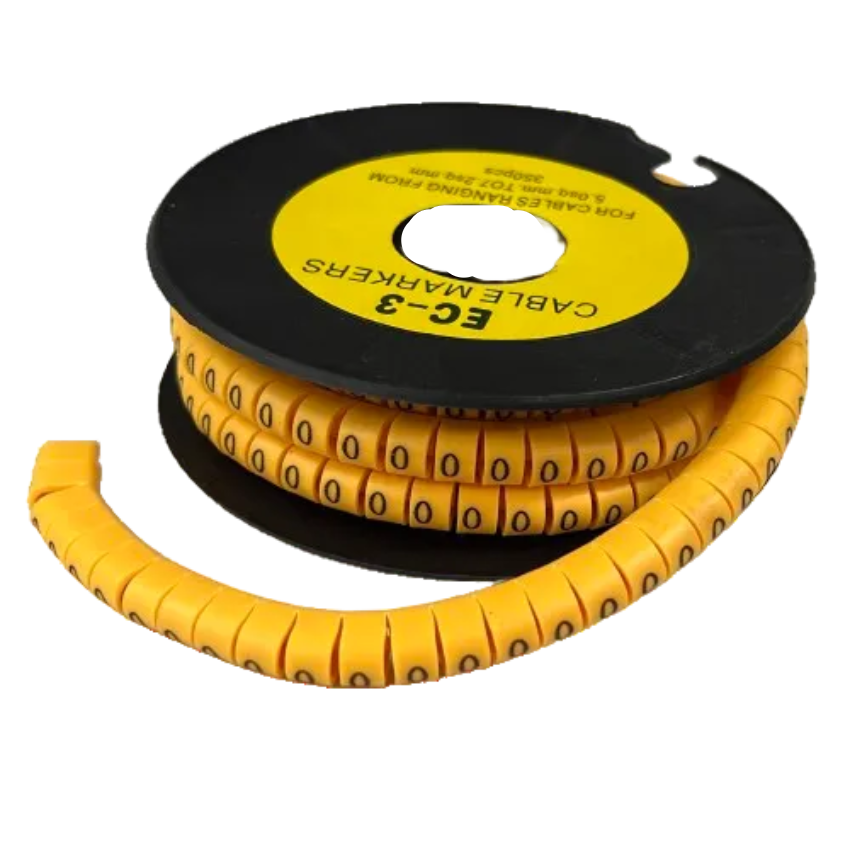 Spool of Cable Marker Yellow 0 wrap around cable markers in yellow showing repeated 0 digits for cable management