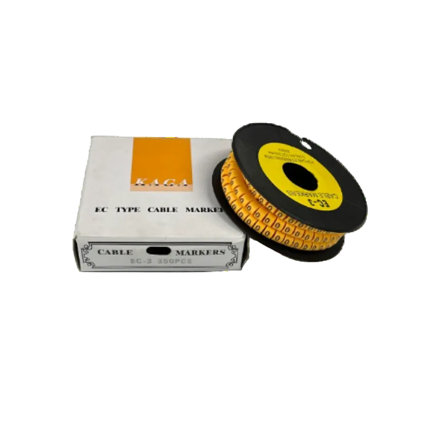 Cable Marker Yellow 0 spool of yellow numeric cable sleeves on black reel beside white KAGA box for cable management