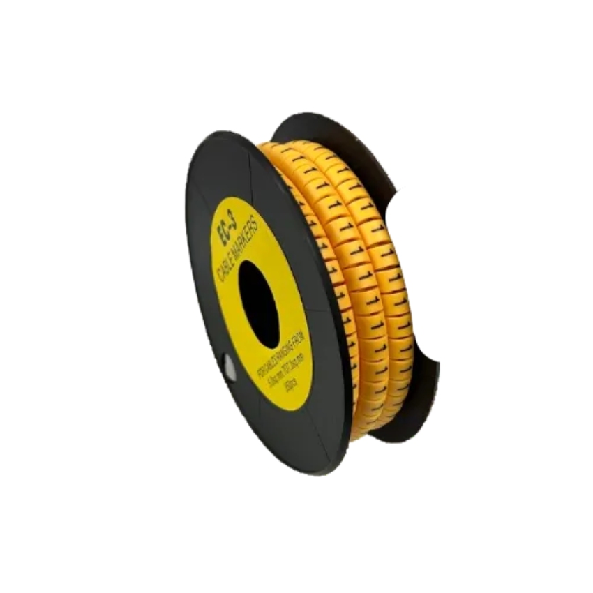Reel of segmented plastic Cable Marker Yellow 1 rings on black spool for cable management