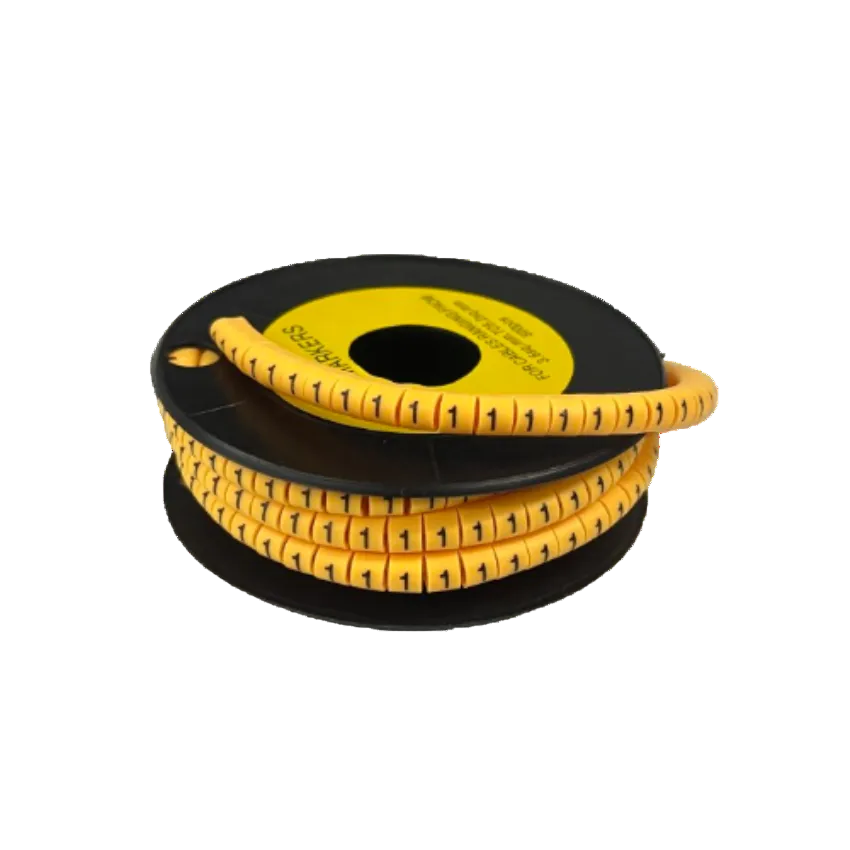 Grippes Cable Marker Yellow - 1 on black spool showing yellow numbered cable markers for wire identification