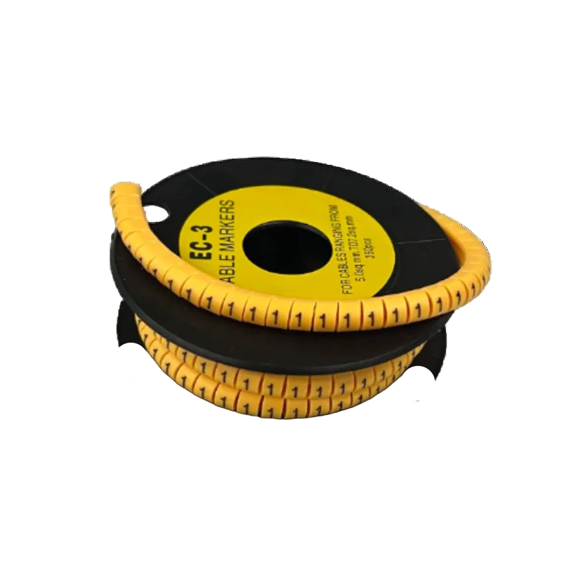 Spool of segmented yellow cable markers with printed number 1 for wire identification and labeling Cable Marker Yellow 1