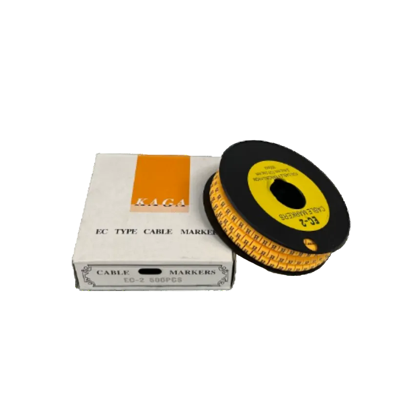 Grippes Cable Marker - Yellow 8 spool of printed cable labels on black reel beside white storage box