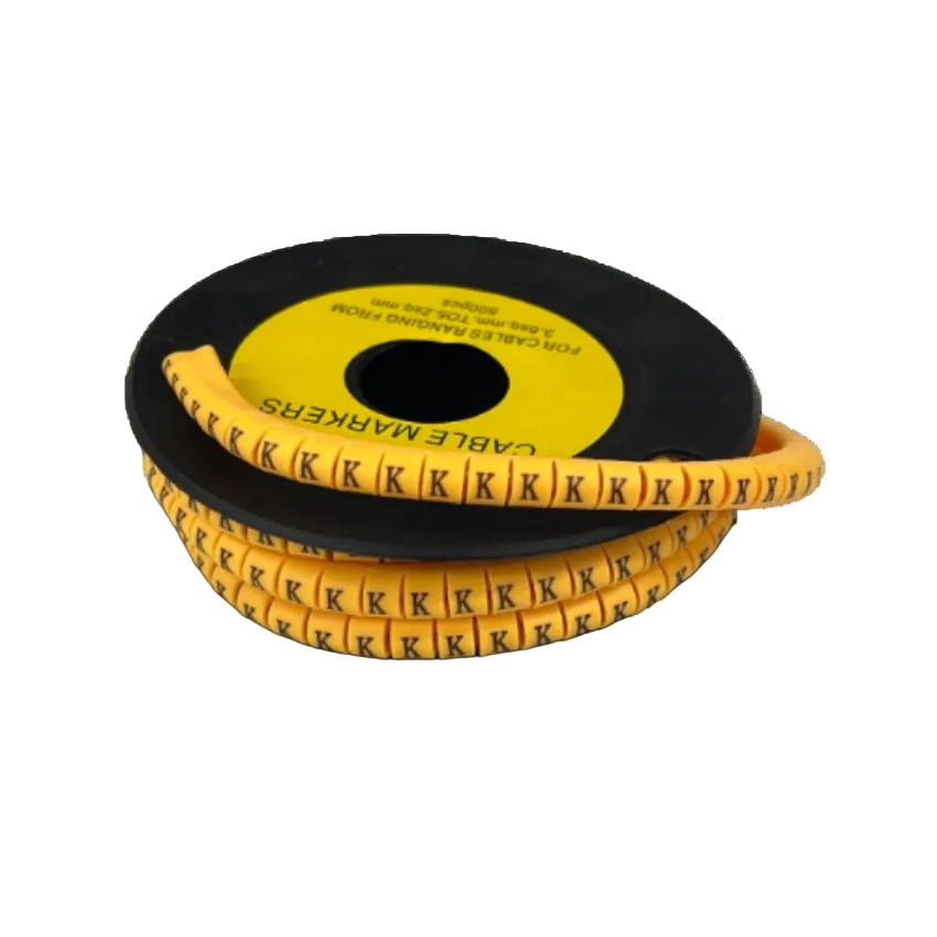 Grippes Cable Marker Yellow - K spiral wrap on reel showing repeated K markers for cable identification