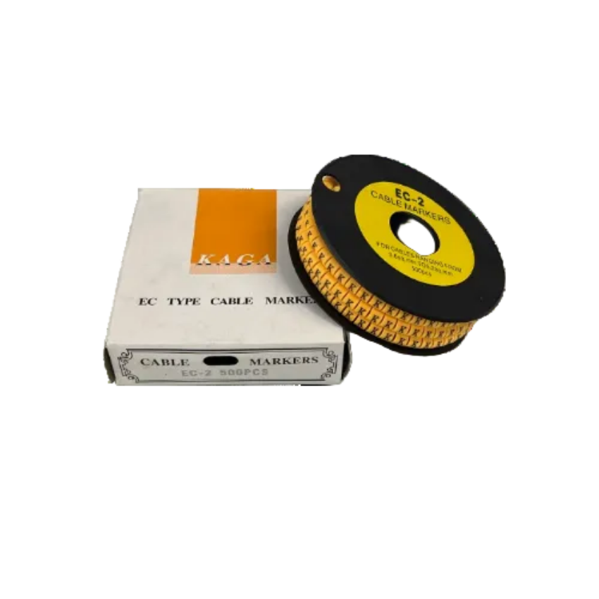 Grippes EC-2 spool of yellow cable markers with repeated K letters on reel next to white box Cable Marker Yellow - K