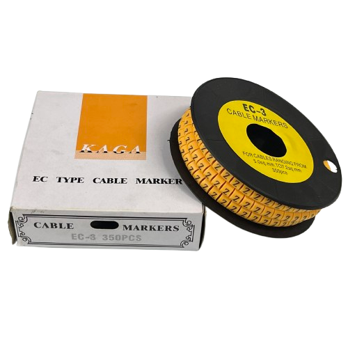 Grippes Cable Marker Z -  Yellow spool of printed cable markers on black reel beside white retail box for cable management