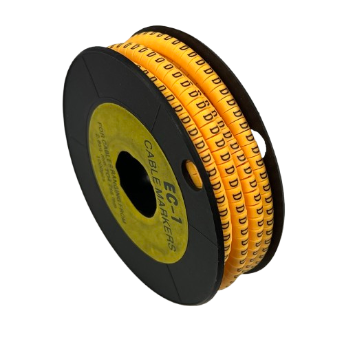 Spool of yellow cable markers with repeated D labels "D" Marker 2.6mm to 4.2mm for wire identification