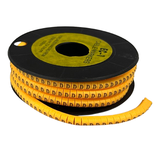 China cable management spool of yellow spiral markers labeled "D" Marker 2.6mm to 4.2mm for wire identification