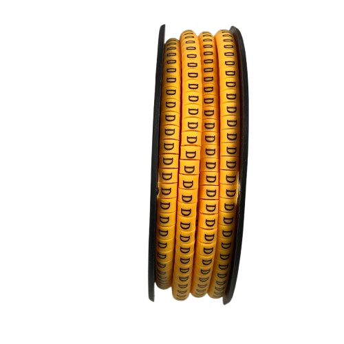 Spool of yellow adhesive cable markers printed with D for wiring identification "D" Marker 2.6mm to 4.2mm