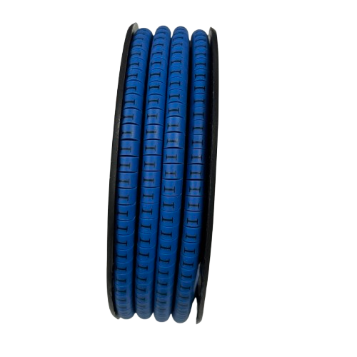 Spool of blue cable markers for organization Cable "I" Marker 2.6mm to 4.2mm Blue on black background