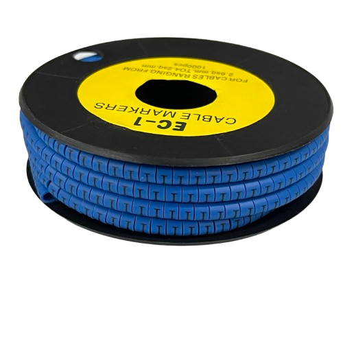 Spool of blue segmented cable markers with T labels for wiring Cable "I" Marker 2.6mm to 4.2mm Blue