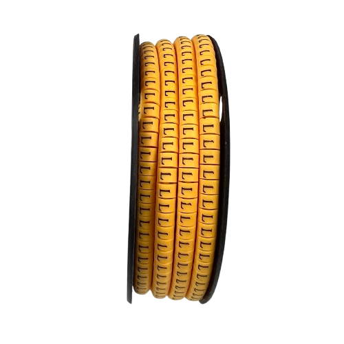 Roll of yellow cable management L Marker 2.6mm to 4.2mm with black printed letters from China