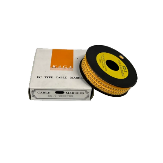 R Marker 2.6mm to 4.2mm yellow cable markers on black spool with white packaging box