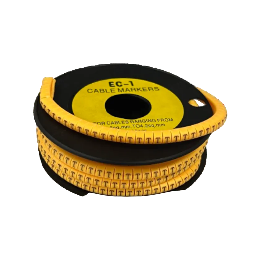 China made Cable Management T Marker 2.6mm to 4.2mm yellow cable markers on a black spool