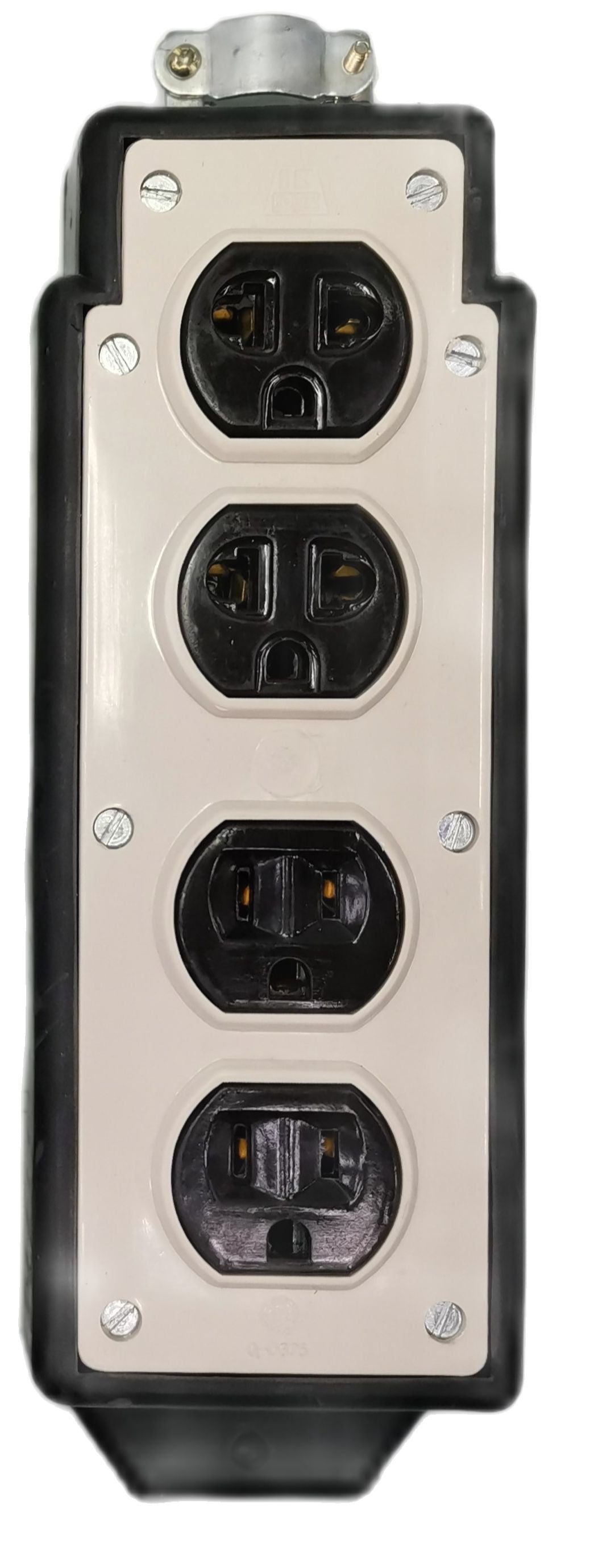 Kopez 4 gang rubber electrical outlet with four black power sockets in a rectangular frame