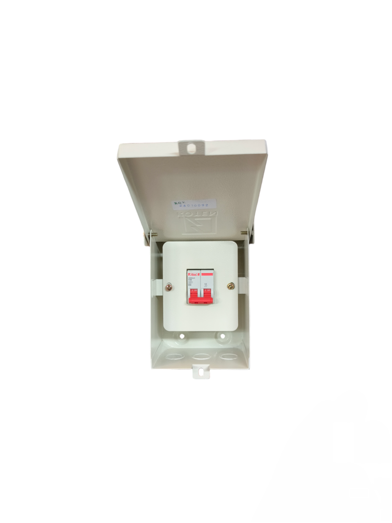 Open white electrical enclosure with Himel 2 pole MCB box for Miniature installed showing red double pole switch Koten and Himel