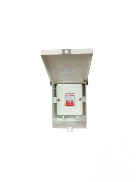 Open white electrical enclosure with Himel 2 pole MCB box for Miniature installed showing red double pole switch Koten and Himel