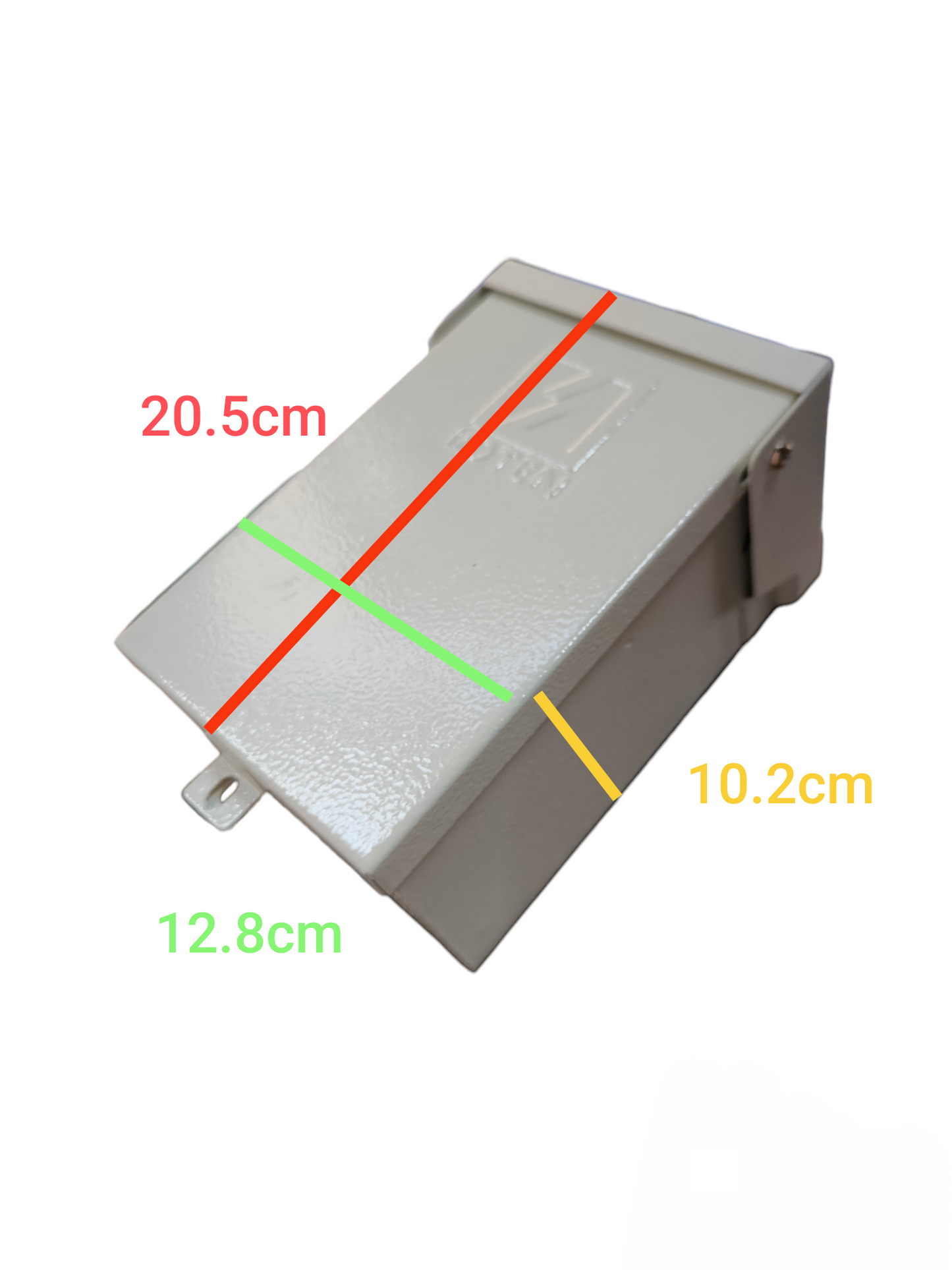 Koten weatherproof MCB enclosure box angled metal cover with hinged lid and mounting tab showing dimensions