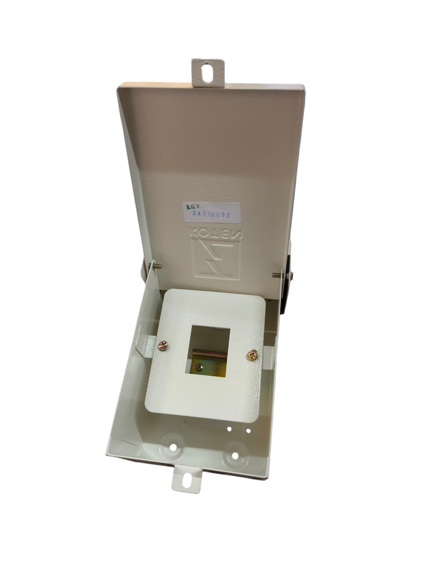 Koten weatherproof MCB enclosure box open beige metal hinged cover with mounting tabs and cutout