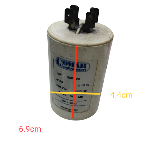 Comar 23uF 250VAC Running Capacitor cylindrical electrical component with metal terminals
