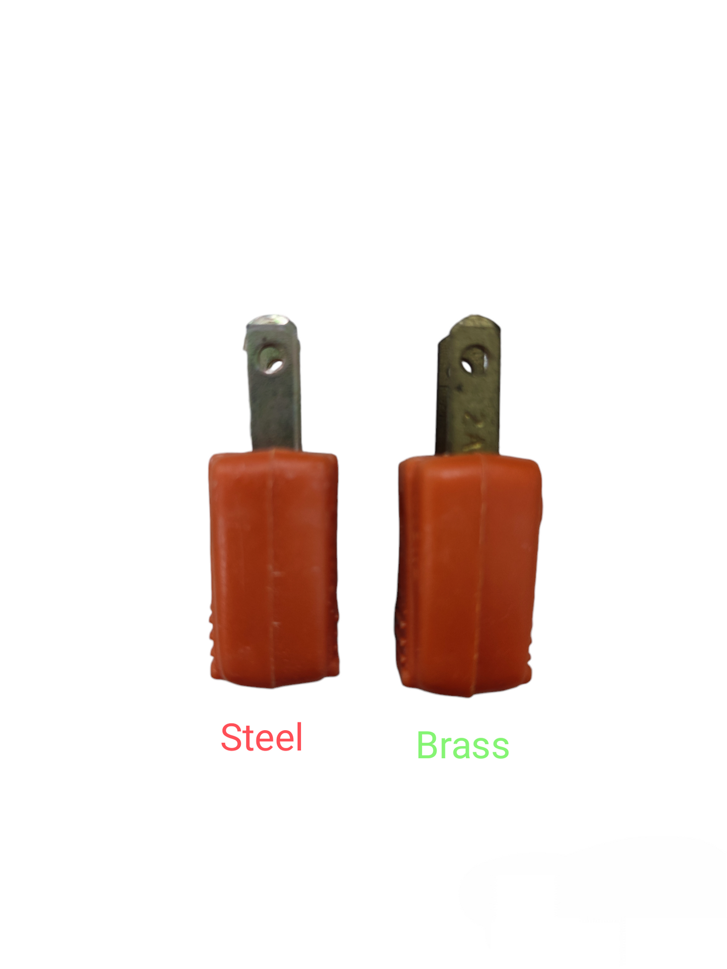 Kopez 2A 220V electrical plug with steel and brass pins in orange casing