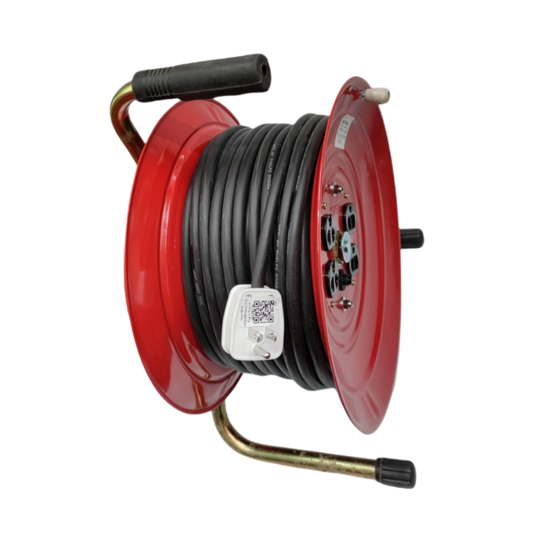 Red industrial drum extension cord reel with black heavy-duty cable and white plug
