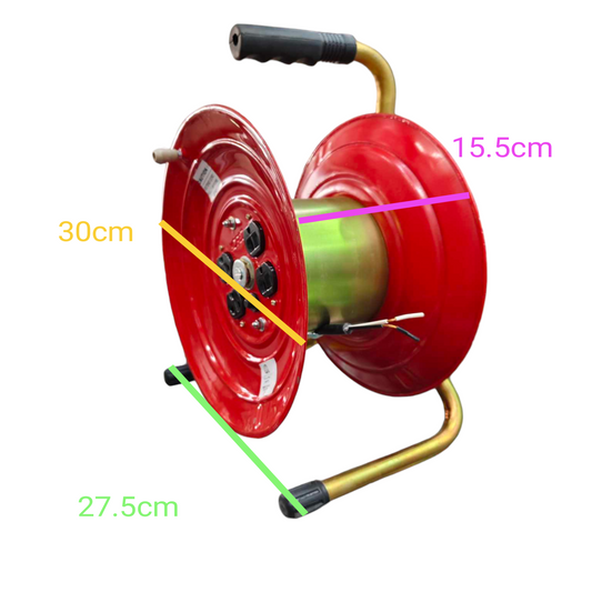 Kopez industrial extension cord drum with red reel and gold handle measuring 30 cm in diameter