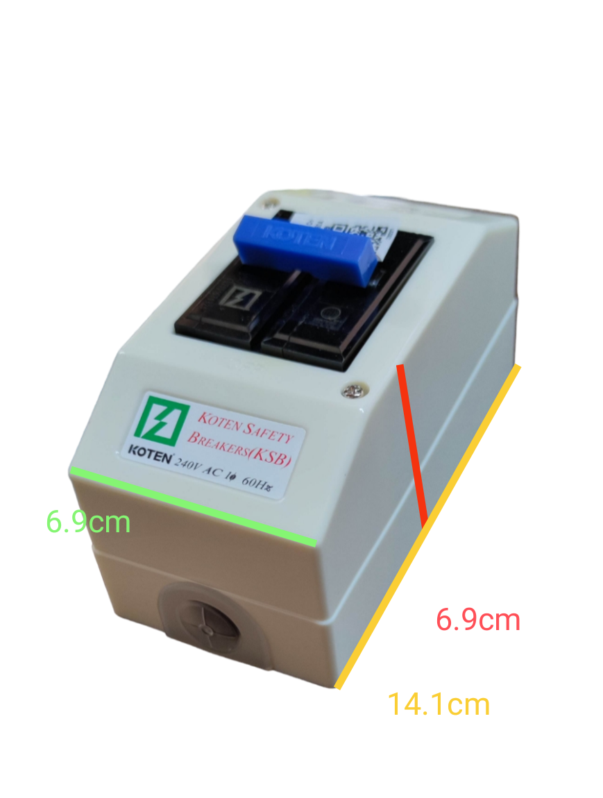 Koten 100A Breaker with Enclosure 10Kaic in white plastic box with blue toggle and size markings