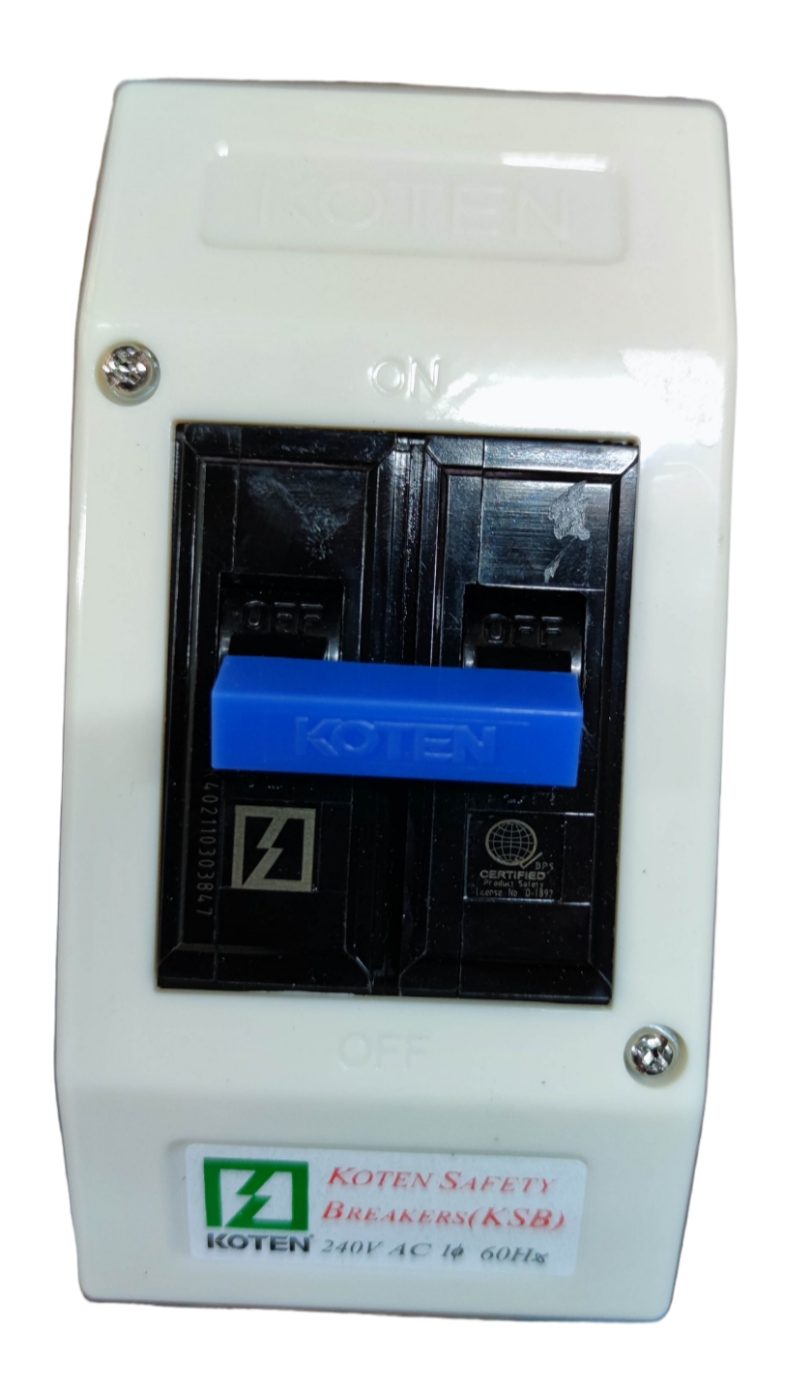 Koten dual pole circuit breaker in white plastic case featuring blue handle 100A Breaker with Enclosure 10Kaic